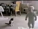 赤ん坊と遊ぶ白黒ネコ