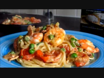 海老とベーコンとネギのクリームパスタ