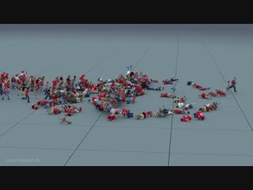 「回転する棒に突撃する人間達はどうなるか」をシミュレーション