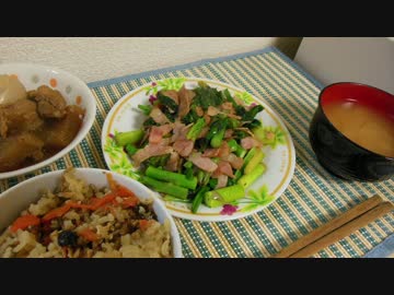 【大半残り物】アスパラとベーコンとほうれん草のオリーブオイル炒め