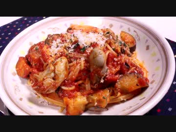茄子と牡蠣のトマトスパゲティ♪　～ガーリックオイル漬けの牡蠣で！～