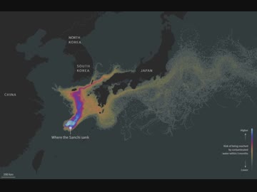 日本近海で沈没したイランのタンカーからの石油流出による海洋汚染