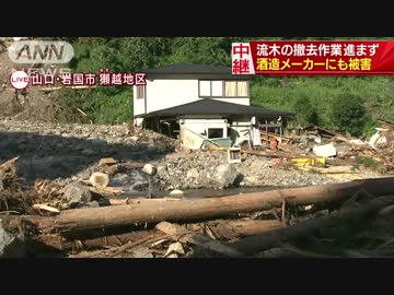 西日本豪雨災害　山口県岩国市獺越地区 流木撤去作業進まず　日本酒「獺祭」メーカーも被害