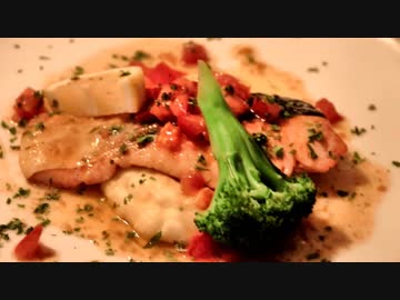 コックの日常料理風景　鮭のムニエル　焦がしバターソース