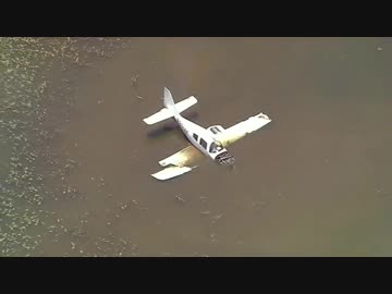 緊急着陸した小型飛行機が池の中に、パイロットは無事-閲覧注意(米05/30)