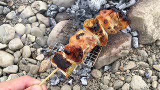 川で炭火の焼き鳥の野外料理 No.7