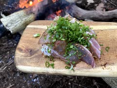 ソロキャンプ！焚き火で料理。　鯛のお刺身とホタルイカのアヒージョ