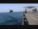 米海軍の遠征機動基地船に着艦するアパッチ攻撃ヘリコプター