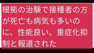 根拠の治験で接種者の方が死亡も病気も多いのに、性能良い、重症化抑制と報道された