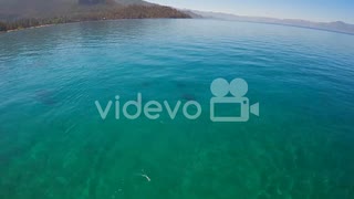 An aerial shot over a paddle boarder rowing on Lake Tahoe 石川崇弘