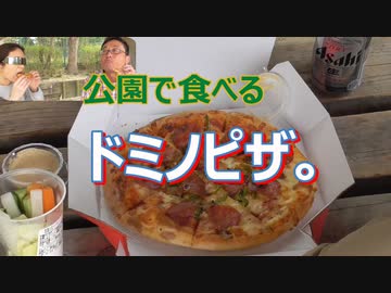 公園でドミノピザ。