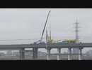 東北本線の車内より　3月16日の福島県沖地震で損傷した東北新幹線の架線柱の交換作業