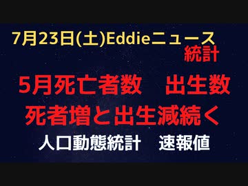 人口動態統計速報値　22日発表の今年５月分　死亡数と出生数を確認　死亡数は前年同月比増加傾向続く、出生数は前年比7.5%減　やはりワクが原因か