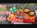 【初夏のBBQ】焚き火で頂く魚とエビとビール（ノンアルコール）