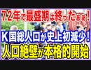 72年で最盛期は終ったぁぁ！K国総人口が史上初めて減少に転じることに！人口絶壁が本格的に始まった！