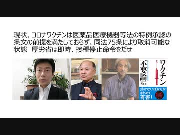 コロナワクチンは医薬品医療機器等法の特例承認の条文の前提を満たしておらず、同法75条により取消可能な状態　厚労省は即時、接種停止命令をだせ