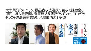 大幸薬品「クレベリン」景品表示法違反の表示で課徴金6億円　過去最高額。有害無益な既存ワクチンや、コロナワクチンこそ違法表示であり、承認取消されるべき