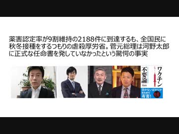 【脱医療洗脳】薬害認定率が9割維持の2188件に到達するも全国民に秋冬接種推進の虐殺厚労省。菅は河野太郎に正式な任命書を発していないという驚愕事実。デマ担当大臣。