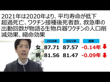 【脱医療洗脳】2021年は2020年より平均寿命が減っていたことが判明　超過死亡、ワクチン接種後死者数、救急車の出動回数全てが物語る生物兵器ワクチンの人口削減効果、縮命効果