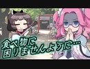 神社で食料を願うめたんと吟遊詩人きりたん