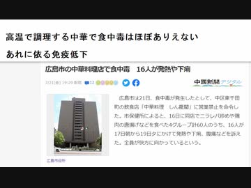 高温で調理する中華で食中毒はほぼありえない　あれに依る免疫低下　広島市の中華料理店で食中毒　16人が発熱や下痢