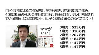 自公政権による文化破壊、家庭破壊、経済破壊が進み、40歳未満の死因の主因は自殺。愚民教育、テレビ洗脳されている国民は奴隷ロボット。母子分離政策の恐るべきコスト！　中野区主要政党全て生物兵器ワクチン推奨