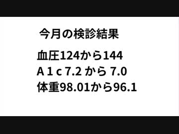 検診今月の検診結果　やはり素晴らしい健康食材　血圧124から144 A 1 c 7.2 から 7.0 体重98.01から96.1結果