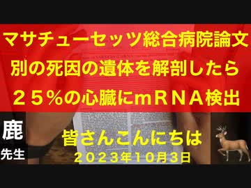【拙アレンジ】鹿先生、マサチューセッツ総合病院「別の死因の複数の遺体を解剖したら25%で心臓にmRNAを検出した」（2023年10月3日）@kinoshitayakuhi