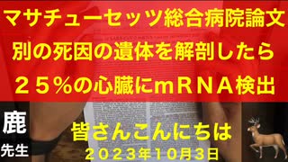 【拙アレンジ】鹿先生、マサチューセッツ総合病院「別の死因の複数の遺体を解剖したら25%で心臓にmRNAを検出した」（2023年10月3日）@kinoshitayakuhi