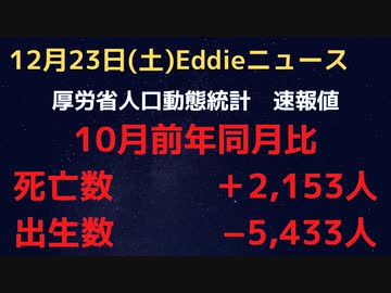 人口動態統計速報値10月分　死亡者増加傾向継続中！アレナニ前の2020年10月との比較で15,955人増　出生は21年比−8,327人　2050年人口17％減という予測はアレを想定できているのか
