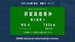 【EGIC-LIVE】択捉島南東沖 / M6.4 最大震度3 / 2023年12月28日18時15分