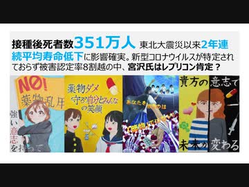 【脱医療洗脳】接種後死者数351万人 東北大震災以来2年連続平均寿命低下。新型コロナウイルスが特定されておらずワクチン被害認定率8割越の中、宮沢氏はレプリコン肯定？ワクチン複数回接種は中毒患者