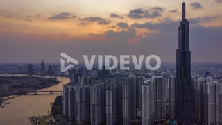 Ho Chi Minh City, Vietnam epic evening aerial drone time lapse view of Landmark building,