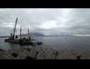 ある日の桜島（その４０４）＜作業中のクレーン船や垂水フェリー「第十一おおすみ」「第十二おおすみ」など＞