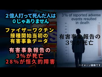 【2億人打って死んだ人は０じゃありません】◆ファイザーワクチン接種開始当初の有害事象データ：有害事象報告の3%が死亡、28%が重篤な被害（恒久的な障害）