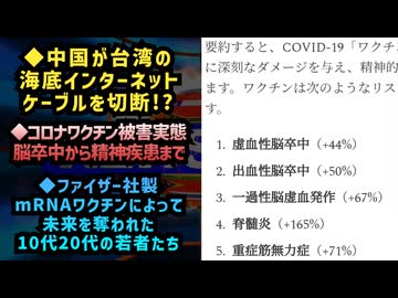 ◆中国が台湾への海底インターネットケーブルを切断◆新型コロナワクチンで脳卒中から精神疾患まで◆ファイザー社のmRNAワクチンによって未来を奪われた10代20代の若者たち