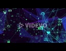 Digital animation of globe of digital icons spinning against plexus networks on black background