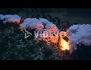 Grave with white flowers lit by burning grave candle