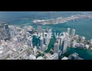 Aerial panoramic shot of downtown skyscrapers at Miami river estuary