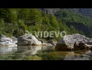 Tranquil river water surface reflecting big cliffs and green trees on Alpine mountains