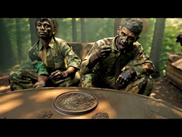 プレデターの襲撃に備えて体に泥を塗る特殊部隊員たち