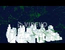 Animation of digital city over network of connections on black background