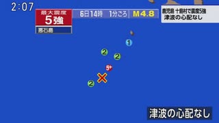 ♒地震記録　2025年7月6日14時1分トカラ列島近海地震　M4.8　20km　最大震度5強　鹿児島県十島村悪石島　AI字幕入り