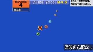 ♒地震速報　2025年7月7日12時2分トカラ列島近海地震　M4.5　30km　最大震度4　鹿児島県十島村悪石島　AI字幕入り