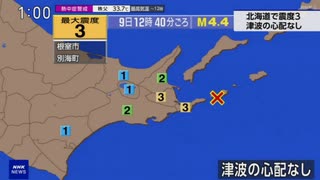 ♒地震記録　2025年7月9日12時40分根室半島南東沖　M4.4　100km　最大震度3　北海道根室市　別海町　AI字幕入り