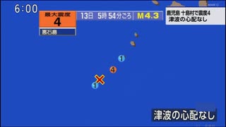♒地震記録　2025年7月13日5時54分トカラ列島近海地震　M4.3　20km　最大震度4　鹿児島県十島村悪石島 AI字幕入り