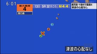 ♒地震記録　2025年7月13日5時32分トカラ列島近海地震　M4.4　20km　最大震度4　鹿児島県十島村悪石島 AI字幕入り