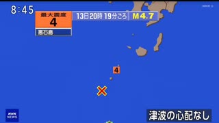 ♒地震記録　2025年7月13日20時19分トカラ列島近海地震　M4.7　最大震度4　鹿児島県十島村悪石島　AI字幕入り