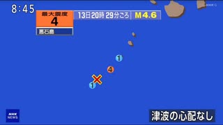 ♒地震記録　2025年7月13日20時29分トカラ列島近海地震　M4.6　20km　最大震度4　鹿児島県十島村悪石島　AI字幕入り
