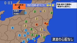 ♒地震記録 2025年7月15日23時47分茨城県北部地震　M4.8　60km　最大震度4　茨城県笠間市　栃木県市貝町（いちかいまち）　AI字幕入り